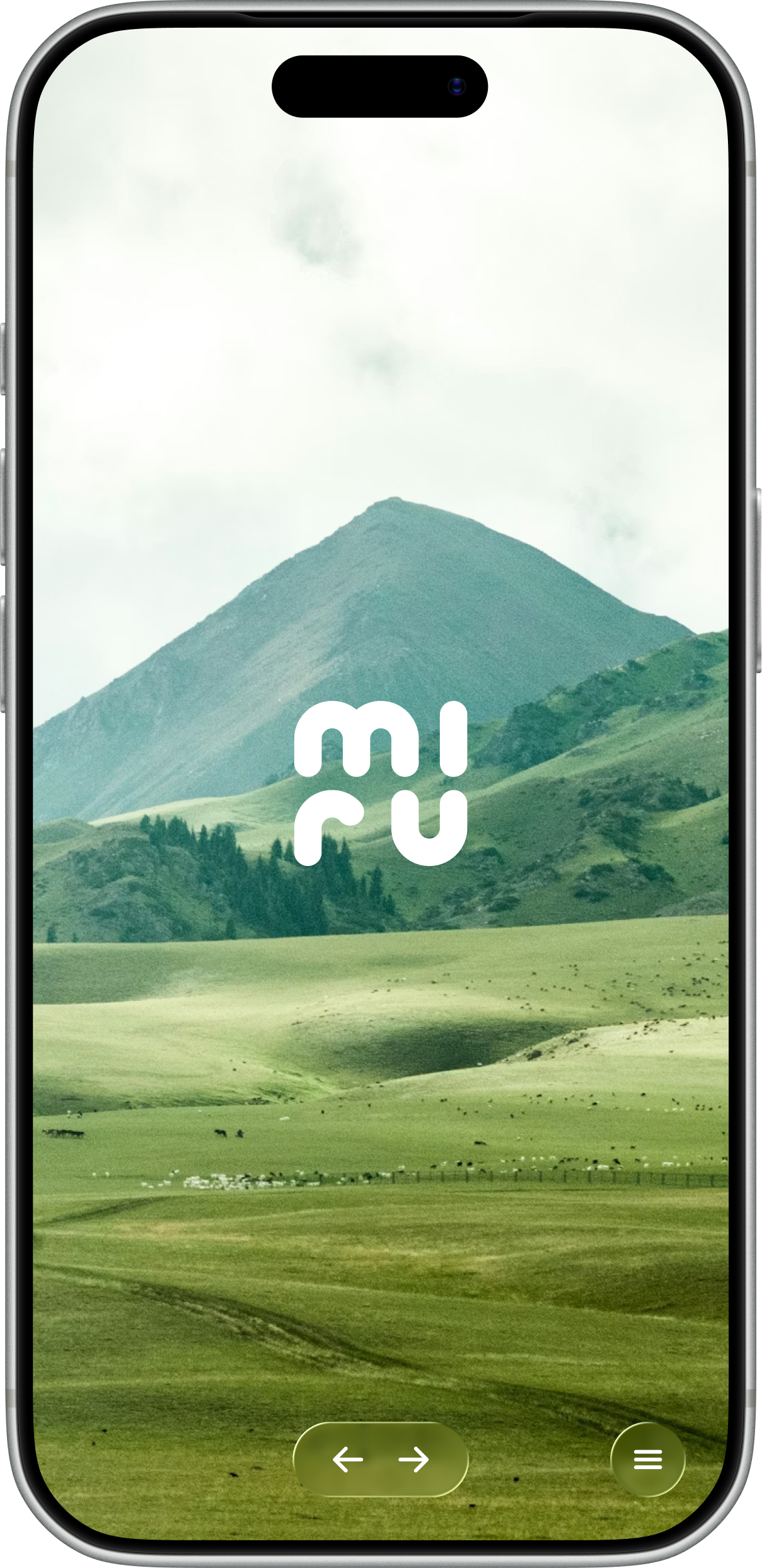 Miru app running on iPhone showing a serene mountain landscape
